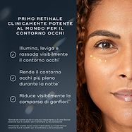 Un'immagine promozionale che ritrae il viso di una donna con quattro punti di crema sotto l'occhio. Il testo evidenzia i benefici: illumina e rassoda il contorno occhi, rende la pelle più piena durante la notte e riduce visibilmente il gonfiore.