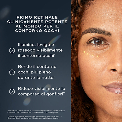 Un'immagine promozionale che ritrae il viso di una donna con quattro punti di crema sotto l'occhio. Il testo evidenzia i benefici: illumina e rassoda il contorno occhi, rende la pelle più piena durante la notte e riduce visibilmente il gonfiore.