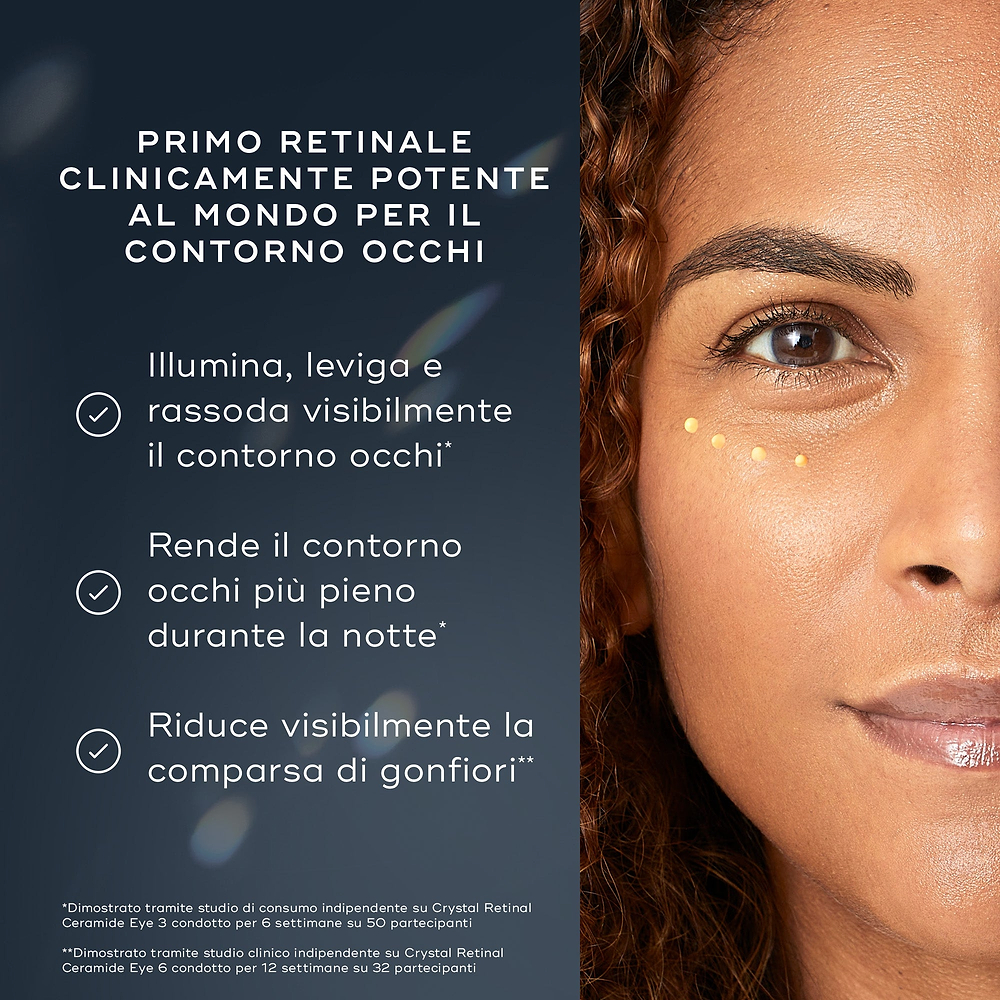 Un'immagine promozionale che ritrae il viso di una donna con quattro punti di crema sotto l'occhio. Il testo evidenzia i benefici: illumina e rassoda il contorno occhi, rende la pelle più piena durante la notte e riduce visibilmente il gonfiore.