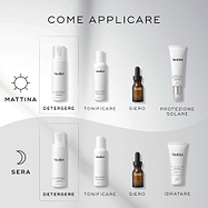 Lo schema guida per la stratificazione mostra le routine di cura della pelle mattutina e serale su uno sfondo grigio chiaro. Il flacone Medik8 Calmwise Soothing Cleanser è evidenziato come fase di detersione sia per il mattino che per la sera, prima delle fasi di tonificazione, siero e idratazione.