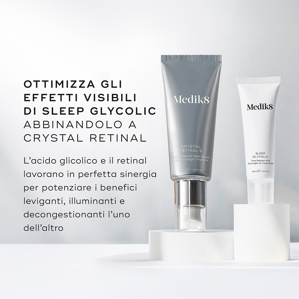 I flaconi Medik8 Crystal Retinal 6 e Sleep Glycolic si trovano affiancati su blocchi espositivi bianchi. Il testo in italiano consiglia di ottimizzare gli effetti visibili di Sleep Glycolic abbinandolo a Crystal Retinal, spiegando che l'acido glicolico e il retinal lavorano in perfetta sinergia per potenziare i reciproci benefici leviganti, illuminanti e decongestionanti.