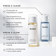 Immagine di confronto che mostra i flaconi Medik8 Press & Glow e Press & Clear affiancati su blocchi espositivi bianchi. Il testo in italiano confronta i loro benefici, notando che Press & Clear combatte le imperfezioni visibili, decongestiona e migliora l'aspetto delle macchie post-imperfezione, mentre Press & Glow leviga la texture irregolare, aumenta la luminosità e uniforma il tono della pelle.