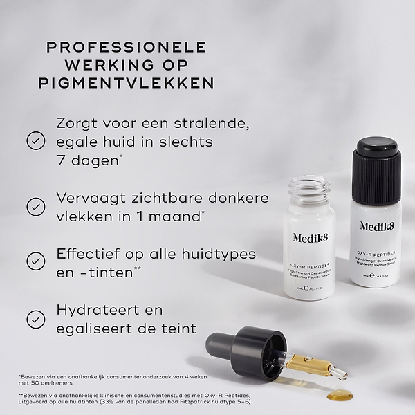 Twee kleine witte flesjes Oxy-R Peptides met druppels geel serum. De tekst benadrukt 'professionele kracht tegen donkere vlekken' en noemt voordelen zoals een stralendere huid in 7 dagen, effectiviteit op alle huidstypes en een gehydrateerde, gladde teint.