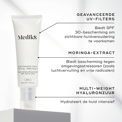 Medik8 Advanced Day Total Protect staat centraal afgebeeld. Tekstuele call-outs wijzen op de belangrijkste ingrediënten: ADVANCED UV FILTERS (SPF 30-bescherming), MORINGA EXTRACT (beschermt tegen schadelijke invloeden van buitenaf) en MULTI-WEIGHT HYALURONIC ACID (hydrateert de huid intensief).