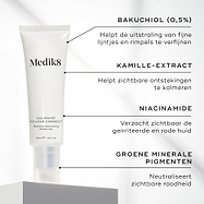 Een tube Calmwise Colour Correct staat centraal afgebeeld. Tekstballonnen lichten de belangrijkste ingrediënten toe: BAKUCHIOL (0,5%), KAMILLE-EXTRACT, NIACINAMIDE en GROENE MINERALE PIGMENTEN.