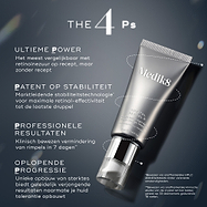 Een infographic met de titel “THE 4 Ps” tegen een donkere, licht oplichtende achtergrond, met een tube Medik8 Crystal Retinal 6 waarbij een gestippelde lijn eromheen cirkelt.

De tekst beschrijft vier kernpijlers: “Unrivalled Potency” voor een sterkte vergelijkbaar met een receptplichtige behandeling, “Patented Stability” voor maximale effectiviteit, “Professional Grade Results” voor klinisch bewezen vermindering van rimpels in 7 dagen, en “Progressive Strengths” voor het geleidelijk opbouwen van huidtolera