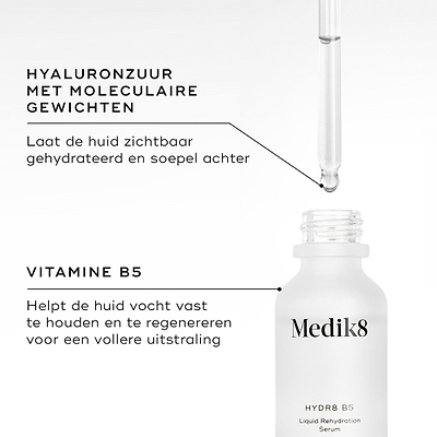 Een close-up van de fles Medik8 Hydr8 B5 serum en de pipet met heldere vloeistof. De tekst benadrukt de belangrijkste ingrediënten: MULTI-WEIGHT HYALURONIC ACID, die de huid zichtbaar gehydrateerd en soepel laat aanvoelen, en VITAMINE B5, dat de huid helpt vocht vast te houden en te herstellen voor een vollere uitstraling.