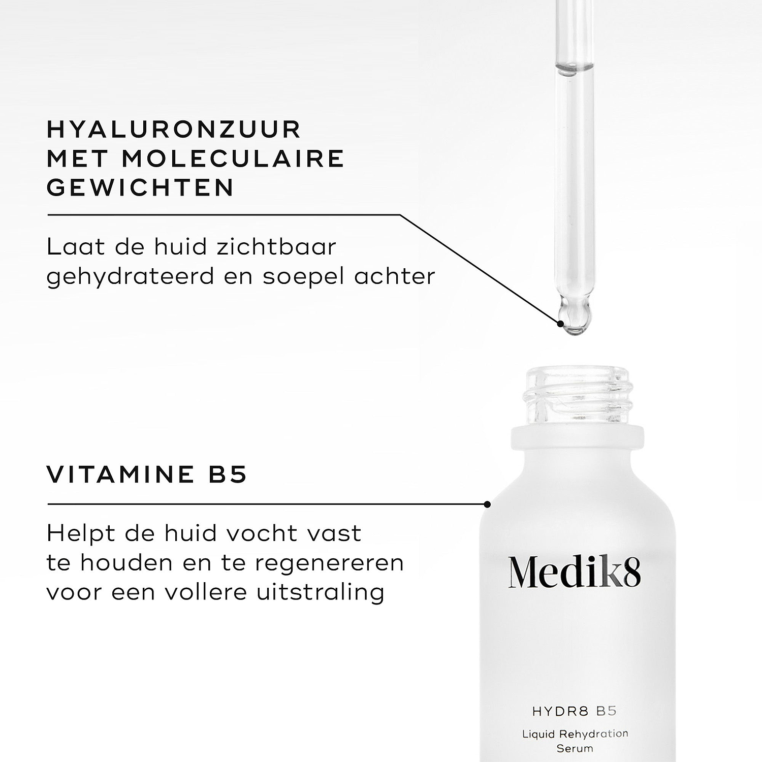 Een close-up van de fles Medik8 Hydr8 B5 serum en de pipet met heldere vloeistof. De tekst benadrukt de belangrijkste ingrediënten: MULTI-WEIGHT HYALURONIC ACID, die de huid zichtbaar gehydrateerd en soepel laat aanvoelen, en VITAMINE B5, dat de huid helpt vocht vast te houden en te herstellen voor een vollere uitstraling.