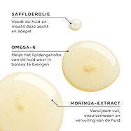 Drie oliedruppels tonen de belangrijkste ingrediënten. De tekst benadrukt saffloerolie voor voeding, omega-6 voor het in balans brengen van de lipiden en moringa-extract om onzuiverheden en vervuiling te helpen verwijderen.