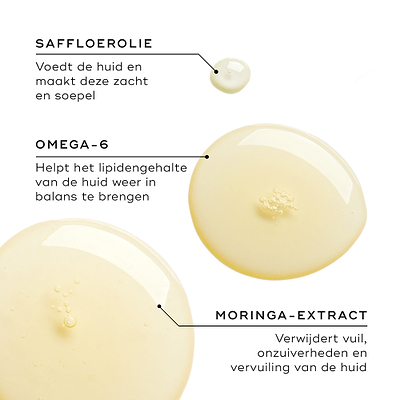 Drie oliedruppels tonen de belangrijkste ingrediënten. De tekst benadrukt saffloerolie voor voeding, omega-6 voor het in balans brengen van de lipiden en moringa-extract om onzuiverheden en vervuiling te helpen verwijderen.