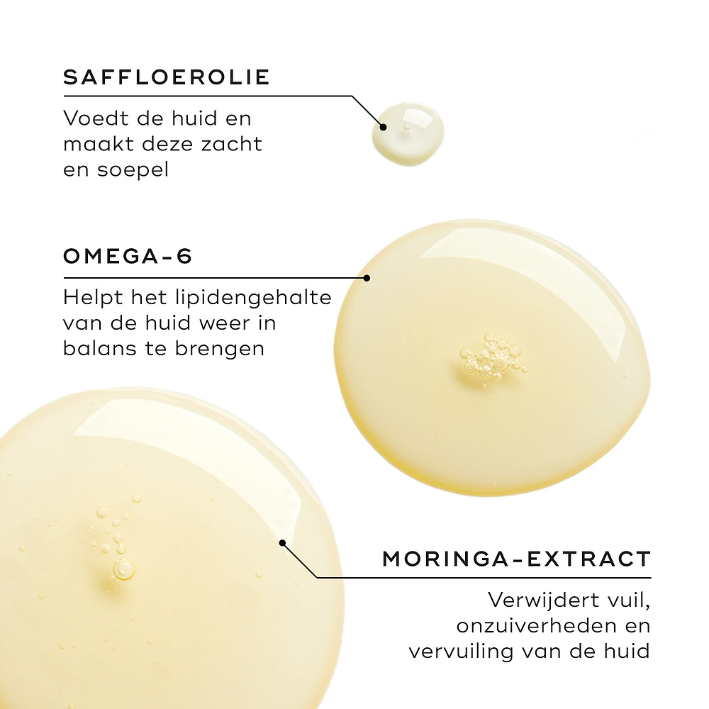 Drie oliedruppels tonen de belangrijkste ingrediënten. De tekst benadrukt saffloerolie voor voeding, omega-6 voor het in balans brengen van de lipiden en moringa-extract om onzuiverheden en vervuiling te helpen verwijderen.