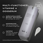 Een witte pompflacon van r-Retinoate Day & Night Eye Serum met tekstballonnen die de belangrijkste ingrediënten benadrukken: GEKAPSELD RETINYL RETINOAAT, HESPERIDINE en CAFEÏNE. Een voetnoot onderaan bevat de bronvermelding voor de retinol-claim.