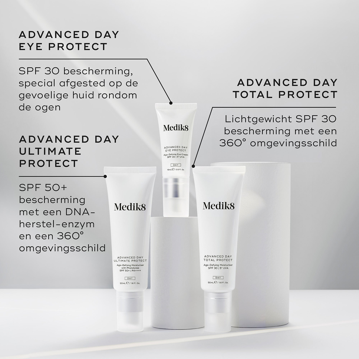 De Advanced Day-beschermingsproducten van Medik8 worden getoond met hun beschrijvingen. Advanced Day Eye Protect (SPF 30) wordt uitgelicht voor de huid rond de ogen, Advanced Day Ultimate Protect (SPF 50+) bevat DNA-herstel en een beschermend schild tegen omgevingsinvloeden, en Advanced Day Total Protect (lichte SPF 30) biedt 360° bescherming tegen omgevingsstressoren.