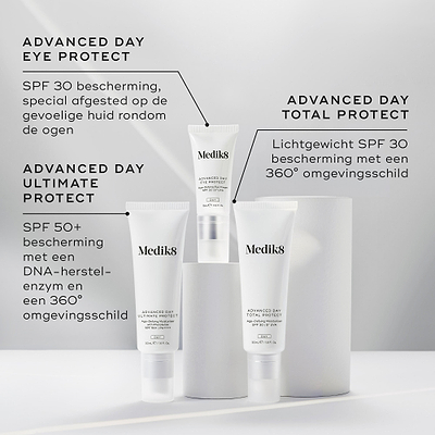 De Advanced Day-beschermingsproducten van Medik8 worden getoond met hun beschrijvingen. Advanced Day Eye Protect (SPF 30) wordt uitgelicht voor de huid rond de ogen, Advanced Day Ultimate Protect (SPF 50+) biedt DNA-herstel en bescherming tegen schadelijke invloeden van buitenaf, en Advanced Day Total Protect (lichte SPF 30) zorgt voor 360° bescherming tegen omgevingsstress.