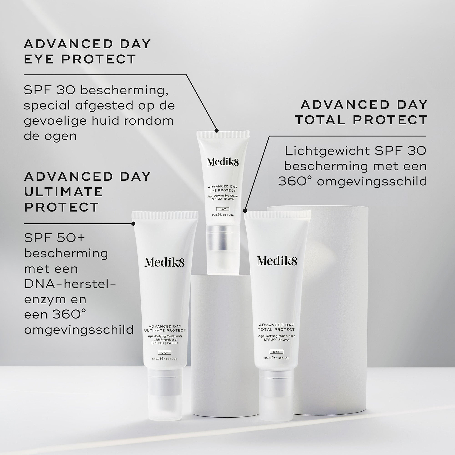 De Advanced Day-beschermingsproducten van Medik8 worden getoond met hun beschrijvingen. Advanced Day Eye Protect (SPF 30) wordt uitgelicht voor de huid rond de ogen, Advanced Day Ultimate Protect (SPF 50+) biedt DNA-herstel en bescherming tegen schadelijke invloeden van buitenaf, en Advanced Day Total Protect (lichte SPF 30) zorgt voor 360° bescherming tegen omgevingsstress.