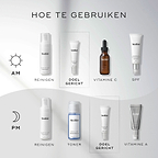 Een HOW TO LAYER-diagram voor skincare-routines toont zowel een ochtend- als avondroutine van Medik8.
De AM-routine omvat: Cleanse met Clarifying Foam, Target met Blemish SOS, Vitamin C met C-Tetra en Sunscreen met Advanced Day Total Protect.
De PM-routine omvat: Cleanse met Clarifying Foam, Tone met Press & Clear, Target met Blemish SOS en Vitamin A met Crystal Retinal.