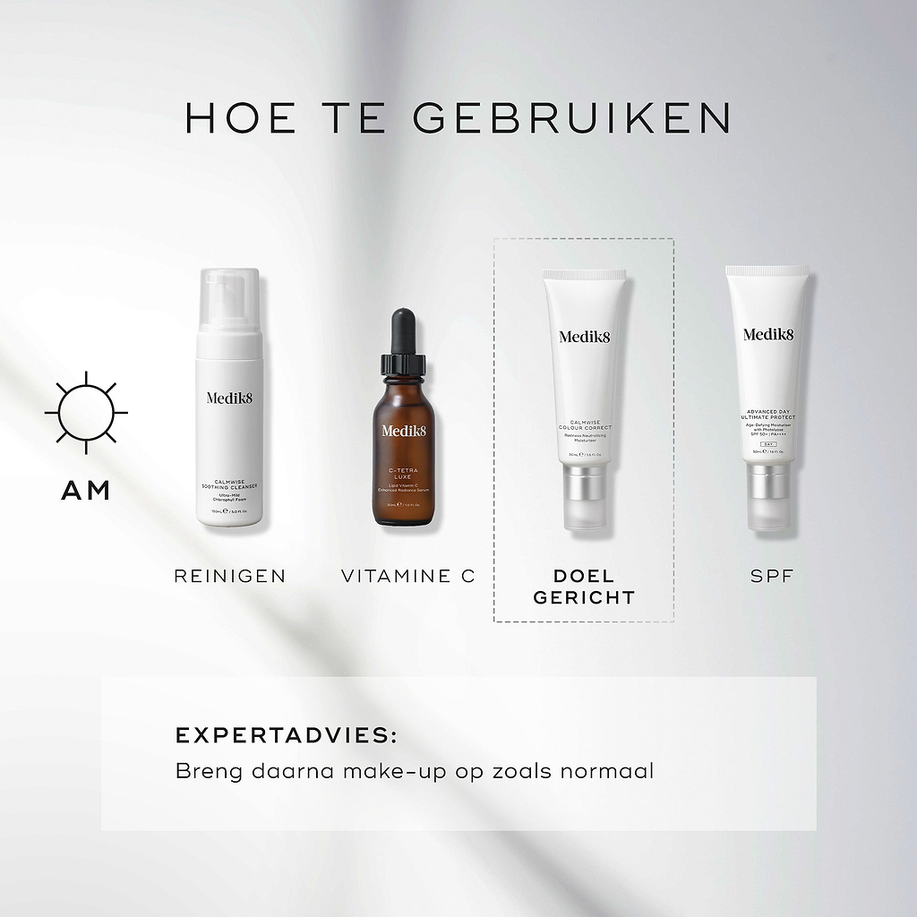 Een "Hoe te lagen"-schema voor een AM-routine (ochtend). De stappen bestaan uit Reinigen (Calmwise Soothing Cleanser), Vitamine C (C-Tetra Luxe), Doelgerichte verzorging (Calmwise Colour Correct) en Zonnebrandcrème (Advanced Day Ultimate Protect).