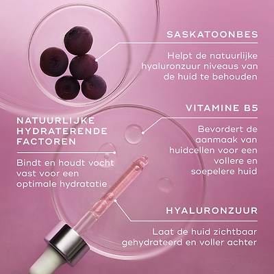 Close-up van de belangrijkste ingrediënten van Medik8 Hydr8 B5 Intense, gepresenteerd tegen een paarse achtergrond met petrischaaltjes en een pipet. De tekst identificeert Saskatoon-bes om het natuurlijke hyaluronzuurgehalte te behouden, Vitamine B5 ter ondersteuning van huidcelregeneratie, Natural Moisturising Factors (NMFs) om vocht te binden en vast te houden, en Hyaluronzuur met meerdere gewichten voor een zichtbaar gehydrateerde en soepele huid.