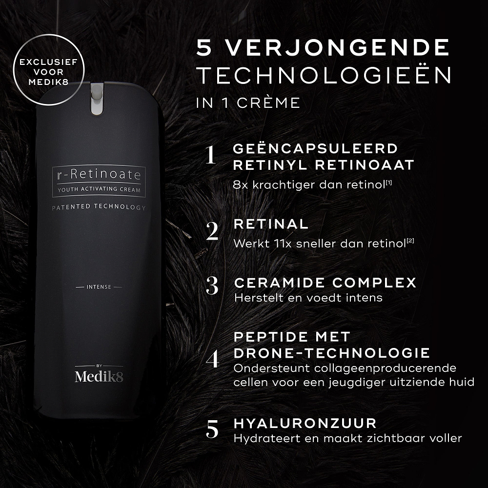 Een flacon Medik8 r-Retinoate Intense crème tegen een donkere, gevederde achtergrond. De tekst belicht 5 verjongende technologieën: Gekapseld Retinyl Retinoaat, Retinal, Ceramide Complex, Drone-Targeted Peptide en Hyaluronzuur.