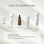Vier Medik8 producten zijn opgesteld voor een ochtendroutine tegen een lichtgrijze achtergrond. De stappen omvatten Surface Radiance Cleanse, C-Tetra Luxe (vitamine C), Advanced Day Eye Protect (zonnebescherming voor de ogen) en Advanced Day Total Protect (zonnebescherming voor het gezicht).

Expertadvies raadt aan om elke 2 uur opnieuw aan te brengen bij directe blootstelling aan zonlicht.