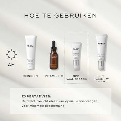 Vier Medik8 producten zijn opgesteld voor een ochtendroutine tegen een lichtgrijze achtergrond. De stappen omvatten Surface Radiance Cleanse, C-Tetra Luxe (vitamine C), Advanced Day Eye Protect (zonnebescherming voor de ogen) en Advanced Day Total Protect (zonnebescherming voor het gezicht).

Expertadvies raadt aan om elke 2 uur opnieuw aan te brengen bij directe blootstelling aan zonlicht.