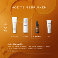 Een infographic getiteld "HOE TE LAGEN" die een ochtendroutine in vier stappen beschrijft: Reinigen (Surface Radiance Cleanse), Tonifiëren (Press & Glow), Vitamine C (C-Tetra Eye) en Zonnebrandcrème (Advanced Day Eye Protect). Onderaan geeft expertadvies aan om C-Tetra Eye te combineren met het C-Tetra Luxe gezichtsserum voor maximale resultaten.