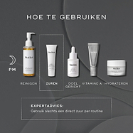 Een donkere grafiek voor een nachtelijke huidverzorgingsroutine met een maan-icoon. De getoonde Medik8-stappen zijn: Cleanse (Lipid-Balance Cleansing Oil), Direct Acid (Sleep Glycolic), Target (Liquid Peptides), Vitamin A (Crystal Retinal) en Moisturise (Advanced Night Restore). De stap 'Direct Acid' is omlijnd. Onderschrift: "Expertadvies: Gebruik slechts één direct zuur per routine."