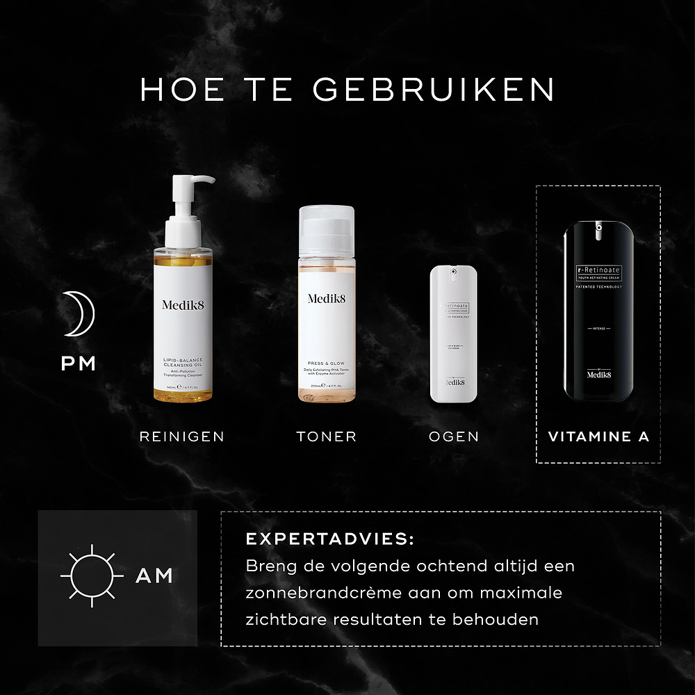 Een "Hoe te lagen"-infographic die een PM-routine (avondroutine) toont: Medik8 Lipid-Balance Cleansing Oil voor Reinigen, Press & Glow voor Tonifiëren, r-Retinoate Eye voor de Ogen en r-Retinoate Intense als Vitamine A-stap. Een deskundig advies merkt op om de volgende ochtend altijd zonnebrandcrème te dragen.