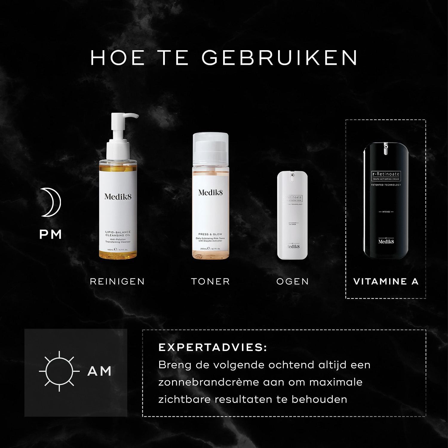 Een "Hoe te lagen"-infographic die een PM-routine (avondroutine) toont: Medik8 Lipid-Balance Cleansing Oil voor Reinigen, Press & Glow voor Tonifiëren, r-Retinoate Eye voor de Ogen en r-Retinoate Intense als Vitamine A-stap. Een deskundig advies merkt op om de volgende ochtend altijd zonnebrandcrème te dragen.