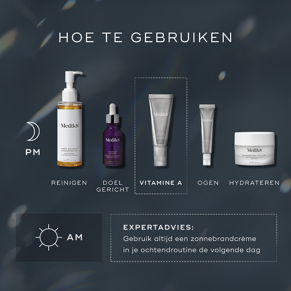 en HOW TO LAYER-diagram voor een avondlijke skincare-routine toont de volgende stappen:
Cleanse met Medik8 Lipid-Balance Cleansing Oil, Target met Liquid Peptides, Vitamin A met Medik8 Crystal Retinal, Eyes met Medik8 Crystal Retinal Ceramide Eye, en Moisturise met Medik8 Advanced Night Restore.