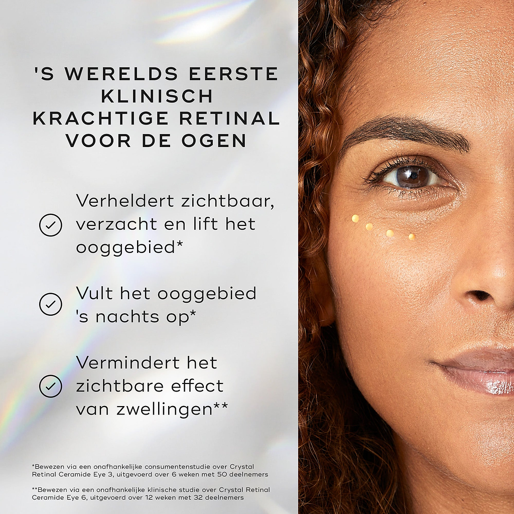 Het gezicht van een vrouw is te zien met kleine puntjes Crystal Retinal Ceramide Eye aangebracht onder één oog. Tekst benadrukt: “’S WERELDS EERSTE KLINISCHE STERKTE RETINAL VOOR DE OGEN.” Drie bullets met vinkjes vermelden voordelen: maakt de oogzone zichtbaar helderder, gladder en gelifter, maakt de oogzone ’s nachts voller, en vermindert de zichtbaarheid van zwelling.