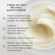 Close-up van de Medik8 Intelligent Retinol Smoothing Night Cream, waarbij de textuur van de crème in de pot zichtbaar is. De tekst “TWEE-IN-EEN RETINOL NACHTCREME” staat bovenaan, en links staat een lijst met voordelen met vinkjes.