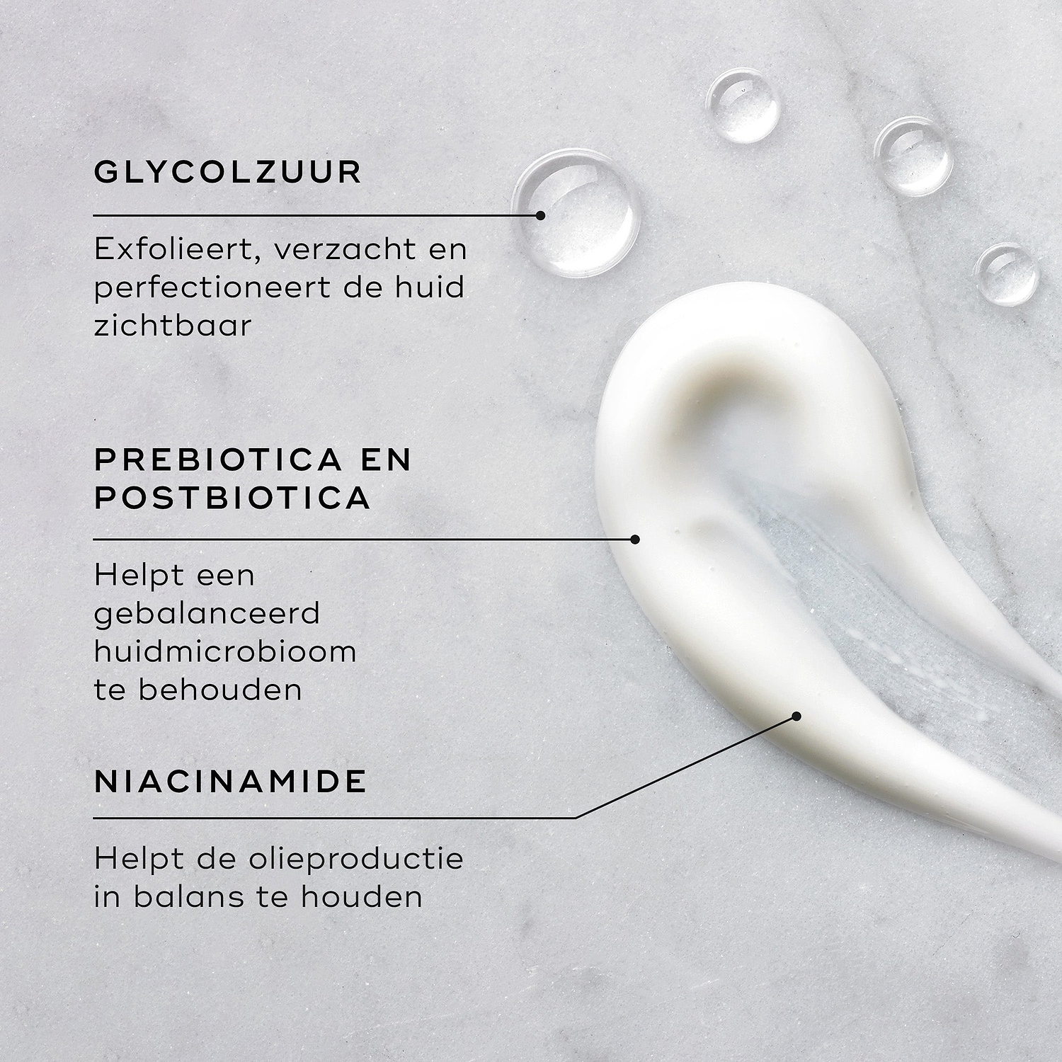Een swatch van de Medik8 Balance Moisturiser wordt getoond op een getextureerd oppervlak, met druppels van de Glycolic Acid Activator ernaast.

Tekstuele call-outs benadrukken de belangrijkste ingrediënten: glycolzuur exfolieert, egaliseert en verfijnt de huid zichtbaar; prebiotica & postbiotica helpen een gebalanceerd huidmicrobioom te behouden; en niacinamide helpt de talgproductie in balans te brengen.