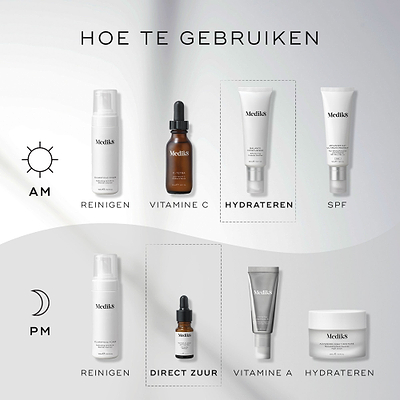 Een HOW TO LAYER-diagram voor een skincare routine toont zowel een ochtend- als avondroutine van Medik8.
De AM-routine omvat: Cleanse met Clarifying Foam, Vitamin C met C-Tetra, Moisturise met Balance Moisturiser en Sunscreen met Advanced Day Total Protect.
De PM-routine omvat: Cleanse met Clarifying Foam, Direct Acid met Glycolic Acid Activator, Vitamin A met Crystal Retinal en Moisturise met Advanced Night Restore.