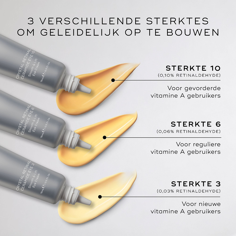Drie tubes Crystal Retinal Ceramide Eye crème met geel-oranje crèmeswatches. De producten zijn gelabeld als “3 STERKTES OM STAPSGEWIJS OP TE BOUWEN”. Sterkte 10 is voor gevorderde vitamine A-gebruikers, Sterkte 6 voor regelmatige vitamine A-gebruikers en Sterkte 3 voor nieuwe vitamine A-gebruikers.