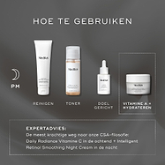 HOW TO LAYER-gids die vier producten toont op een donkergrijze achtergrond: ‘SURFACE RADIANCE CLEANSER’, ‘PRESS & GLOW’, TARGET en VITAMINE A + MOISTURISER
