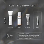 Een HOE TE GEBRUIKEN-diagram voor een PM-skincare routine. Het omvat Cleanse (Medik8 Surface Radiance Cleanse), Tone (Medik8 Press & Glow), Vitamin A (Medik8 Crystal Retinal) en Eyes (Medik8 Crystal Retinal Ceramide Eye). Expertadvies voor de AM benadrukt het gebruik van zonnebrandcrème na vitamine A-producten.