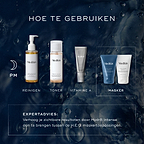 Een HOW TO LAYER-schema toont een PM-skincare routine. Het omvat Cleanse (Medik8 Lipid-Balance Cleansing Oil), Tone (Medik8 Press & Glow), Vitamin A (Medik8 Crystal Retinal) en Mask (Medik8 H.E.O. Mask Stap 1 en Stap 2). Expertadvies suggereert om Hydr8 B5 Intense tussen de H.E.O. Mask-toepassingen aan te brengen om de zichtbare resultaten te versterken.