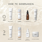 Een infographic met de titel “hoe te gebruiken” toont een Medik8 skincare-routine voor AM en PM tegen een neutrale achtergrond met watertextuur. Zon- en maaniconen geven het gebruiksmoment aan. De Medik8 Press & Glow-fles is gemarkeerd met gestippelde kaders onder de stap “tone” in beide routines. Andere stappen zijn onder meer cleanse, Vitamin C, sunscreen, target en moisturise.