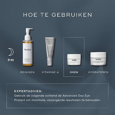 Het ‘How to Layer’-schema toont een avondlijke skincare-routine. Medik8 Advanced Night Eye wordt weergegeven als de stap voor de ogen, na het reinigen en vitamine A, en vóór de moisturizer.