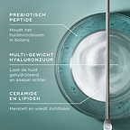 Een infographic op een teal achtergrond, met een bovenaanzicht van een glazen schaaltje met een swirl van witte crème en heldere vloeistof met een metalen spatel. Tekst wijst naar belangrijke ingrediënten: PREBIOTISCHE PEPTIDE (helpt een evenwichtig huidmicrobioom te behouden), MULTI-GEWICHT HYALURONZUUR (laat de huid gehydrateerd en soepel aanvoelen) en CERAMIDEN & LIPIDEN (herstellen en voeden de huid zichtbaar).