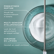 Een infographic op een teal achtergrond, met een bovenaanzicht van een glazen schaaltje met een swirl van witte crème en heldere vloeistof met een metalen spatel. Tekst wijst naar belangrijke ingrediënten: PREBIOTISCHE PEPTIDE (helpt een evenwichtig huidmicrobioom te behouden), MULTI-GEWICHT HYALURONZUUR (laat de huid gehydrateerd en soepel aanvoelen) en CERAMIDEN & LIPIDEN (herstellen en voeden de huid zichtbaar).