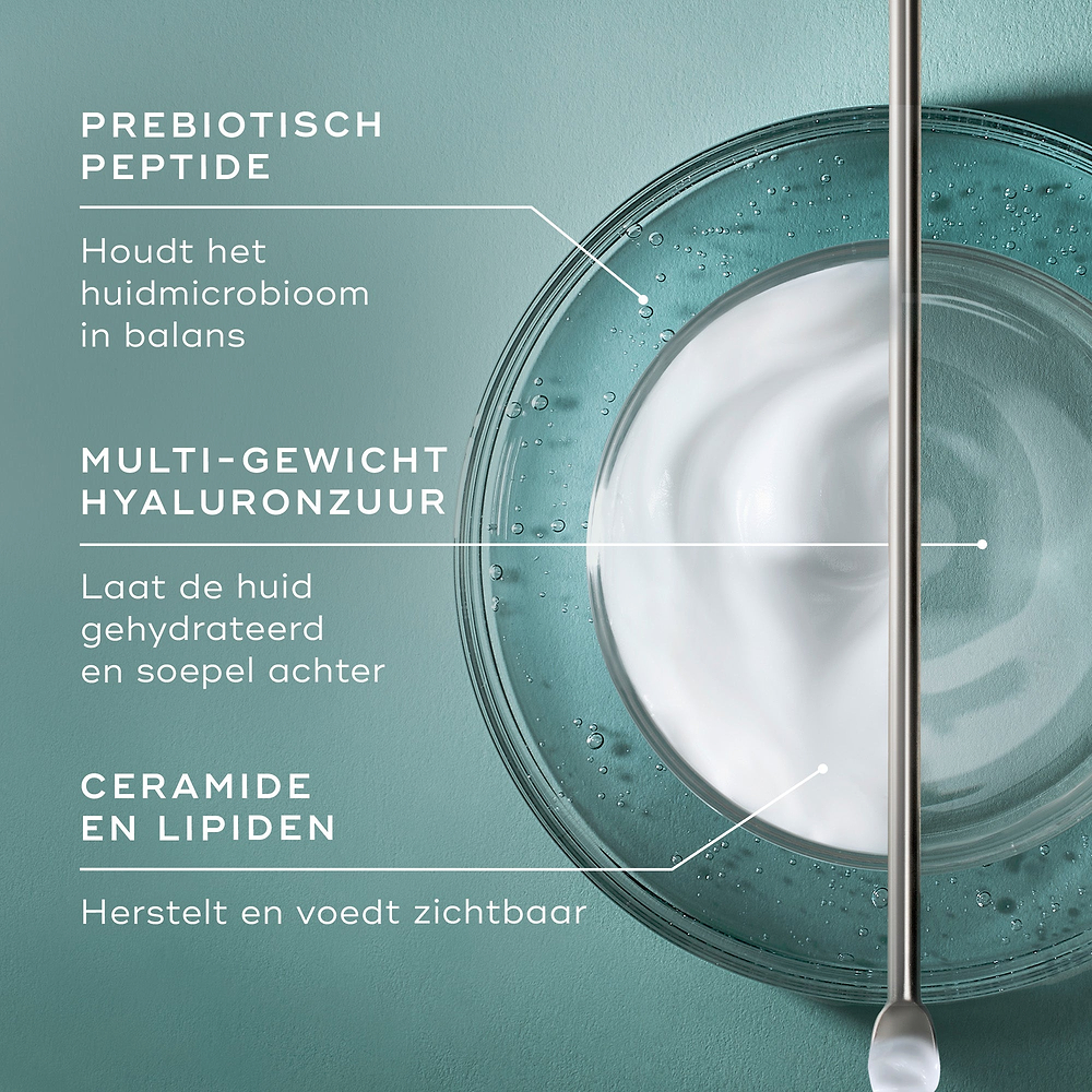 Een infographic op een teal achtergrond, met een bovenaanzicht van een glazen schaaltje met een swirl van witte crème en heldere vloeistof met een metalen spatel. Tekst wijst naar belangrijke ingrediënten: PREBIOTISCHE PEPTIDE (helpt een evenwichtig huidmicrobioom te behouden), MULTI-GEWICHT HYALURONZUUR (laat de huid gehydrateerd en soepel aanvoelen) en CERAMIDEN & LIPIDEN (herstellen en voeden de huid zichtbaar).
