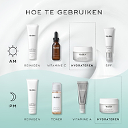 Een infographic met de titel “HOW TO LAYER” die ochtend- en avond-skincare routines toont. De AM-routine op een witte achtergrond omvat Cleanse, Vitamin C (C-Tetra Luxe), Moisturise (Total Moisture Daily Facial Cream) en Sunscreen. De PM-routine op een lichtblauwe achtergrond omvat Cleanse, Tone (Press & Glow), Vitamin A (Crystal Retinal) en Moisturise (Total Moisture Daily Facial Cream).