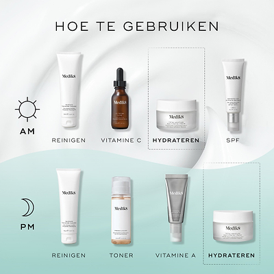 Een infographic met de titel “HOW TO LAYER” die ochtend- en avond-skincare routines toont. De AM-routine op een witte achtergrond omvat Cleanse, Vitamin C (C-Tetra Luxe), Moisturise (Total Moisture Daily Facial Cream) en Sunscreen. De PM-routine op een lichtblauwe achtergrond omvat Cleanse, Tone (Press & Glow), Vitamin A (Crystal Retinal) en Moisturise (Total Moisture Daily Facial Cream).