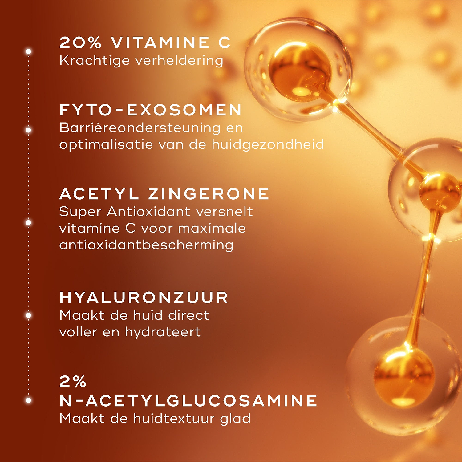Moleculaire weergave van belangrijke ingrediënten in Medik8 C-Tetra Advanced, met tekst die 20% vitamine C, fyto-exosomen, acetylzingerone, hyaluronzuur en N-acetylglucosamine (NAG) benadrukt voor het verhelderen van de huid, hydratatie en ondersteuning van de huidbarrière.