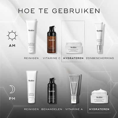 Vierkante afbeelding met de titel “HOE TE GEBRUIKEN”, die een stapsgewijze Medik8 skincare-routine toont met iconen voor AM- en PM-gebruik. De AM-sequentie omvat Cleanse, Vitamin C, Moisturise en Sunscreen; de PM-sequentie omvat Cleanse, Target, Vitamin A en Moisturise. Medik8 Advanced Pro-Collagen+ Peptide Cream wordt uitgelicht onder de stap “Moisturise” in beide sequenties. De achtergrond is lichtgrijs met subtiele hexagonale graphics.