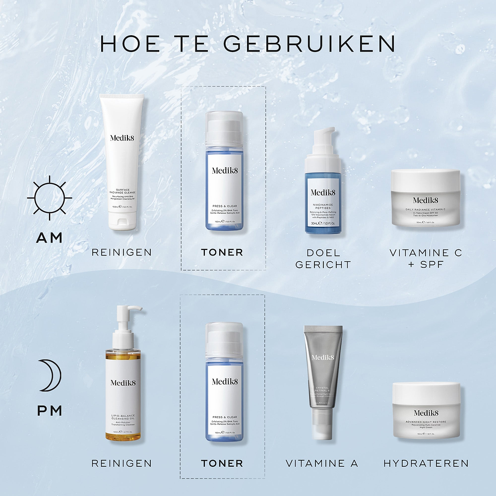 Een infographic met de titel “Hoe te gebruiken” op een lichtblauwe achtergrond met watertextuur, die AM- en PM-routines uitlicht. Medik8 Press & Clear wordt gepositioneerd als de “Tone”-stap na het reinigen.