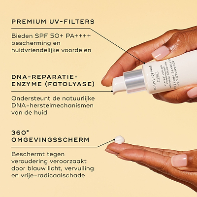 Een witte tube Advanced Day Ultimate Protect staat centraal afgebeeld. Tekstballonnen lichten de belangrijkste ingrediënten uit: PREMIUM UV-FILTERS, DNA REPAIR ENZYME (DNA-herstelenzymen) en 360° ENVIRONMENTAL SHIELD (milieubescherming).
