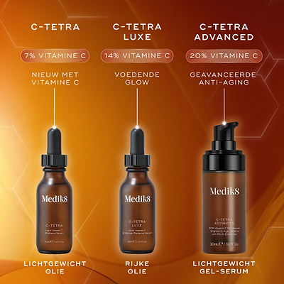 Drie vitamine C-serums van Medik8 gepresenteerd tegen een oranje achtergrond met zeshoekige (hexagonale) graphics. Van links naar rechts: C-Tetra (7% vitamine C, lichte olie), C-Tetra Luxe (14% vitamine C, rijke olie) en C-Tetra Advanced (20% vitamine C, licht gel-serum).